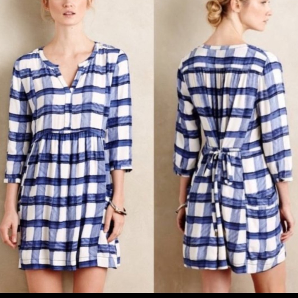 Anthropologie Maeve Devery Windowpane Blue & White Plaid Women's Tunic Dress